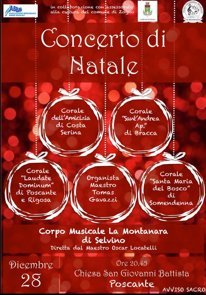 Concerto di Natale a Poscante il 28/12//2017 con 4 cori, organo e banda